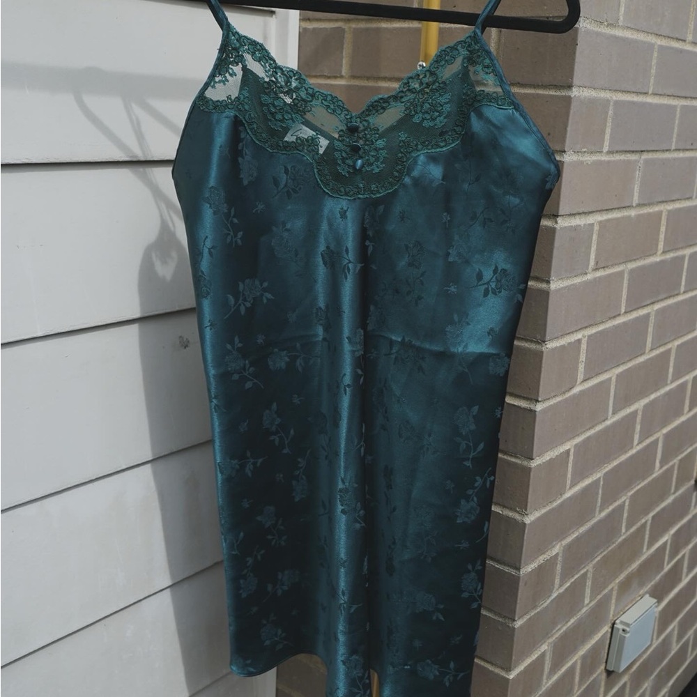 Vintage emerald green satin and lace trim slip dress